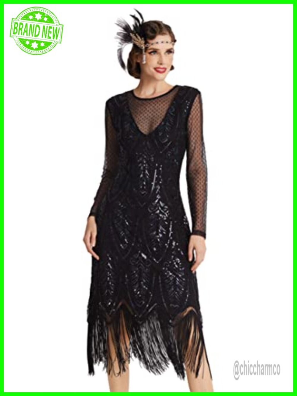 Great Gatsby 1920s Flapper Dress Sequin Beaded Long Sleeve Cocktail